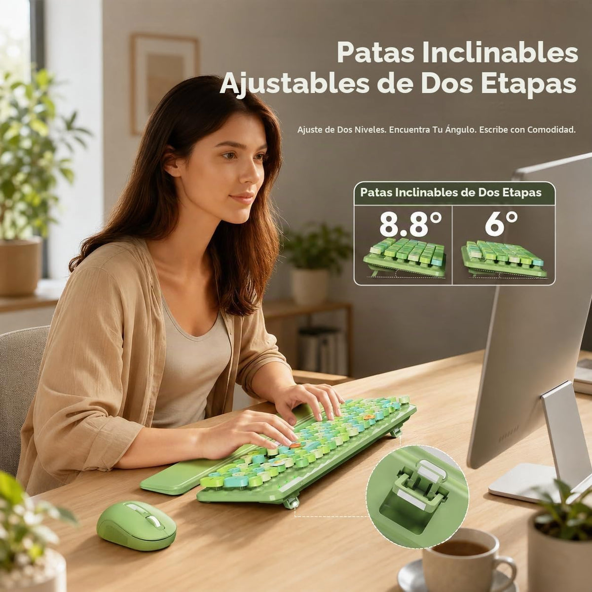 Combo de teclado y mouse inalámbricos, teclas redondas, reposamuñec...