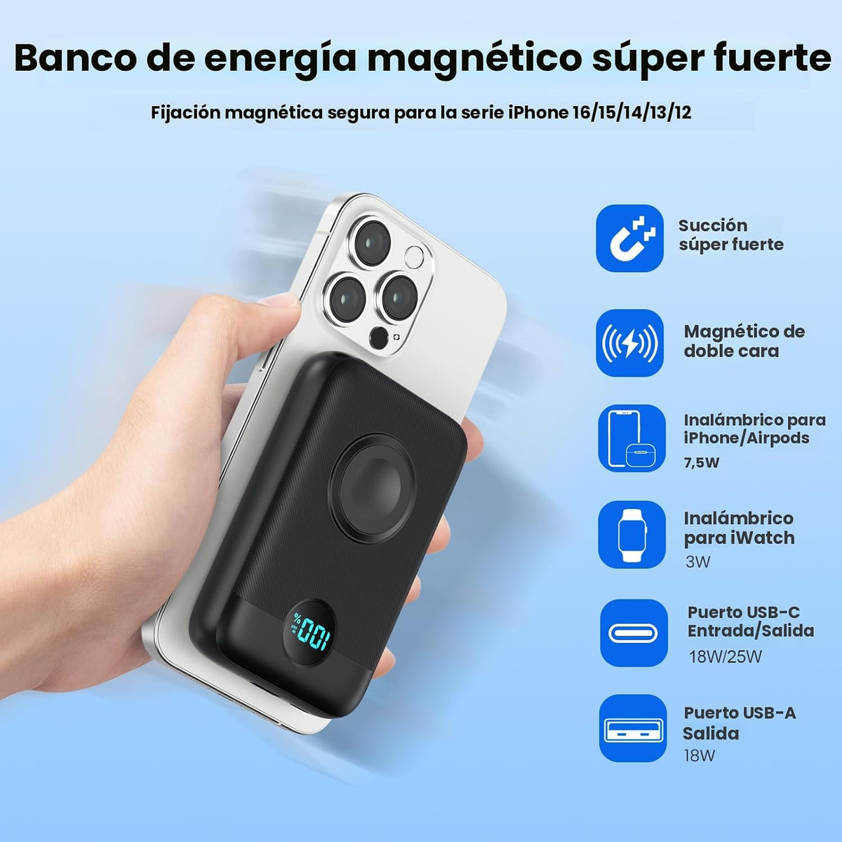 Cargador portátil magnético para iPhone y Apple Watch, 10800 mAh 25...