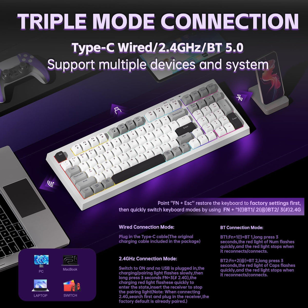 LEOBOG x Aula Teclado Inalámbrico 98 Teclas Teclados de Membrana de...
