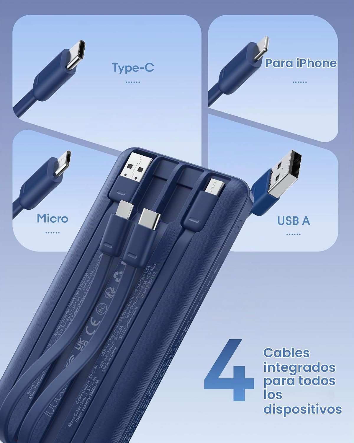 charmast Cargador portátil de carga rápida, 4 cables incorporados,...