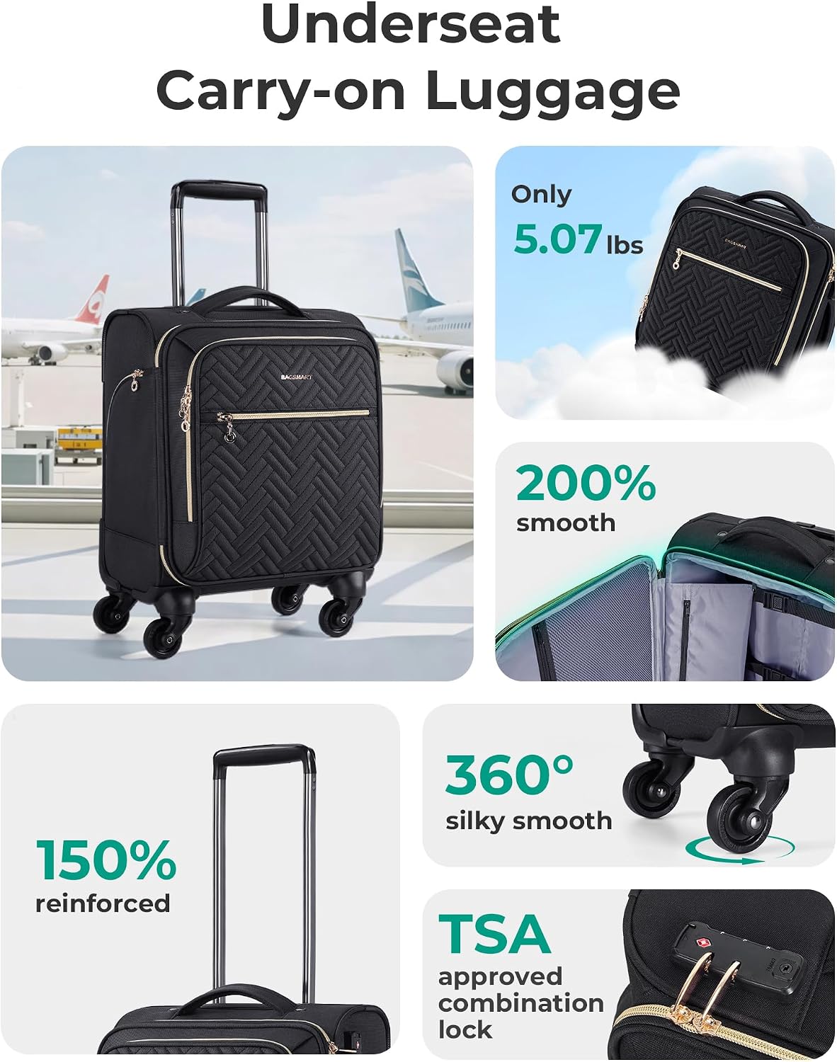Bagsmart Equipaje de viaje Maleta de transporte, Equipaje debajo de...