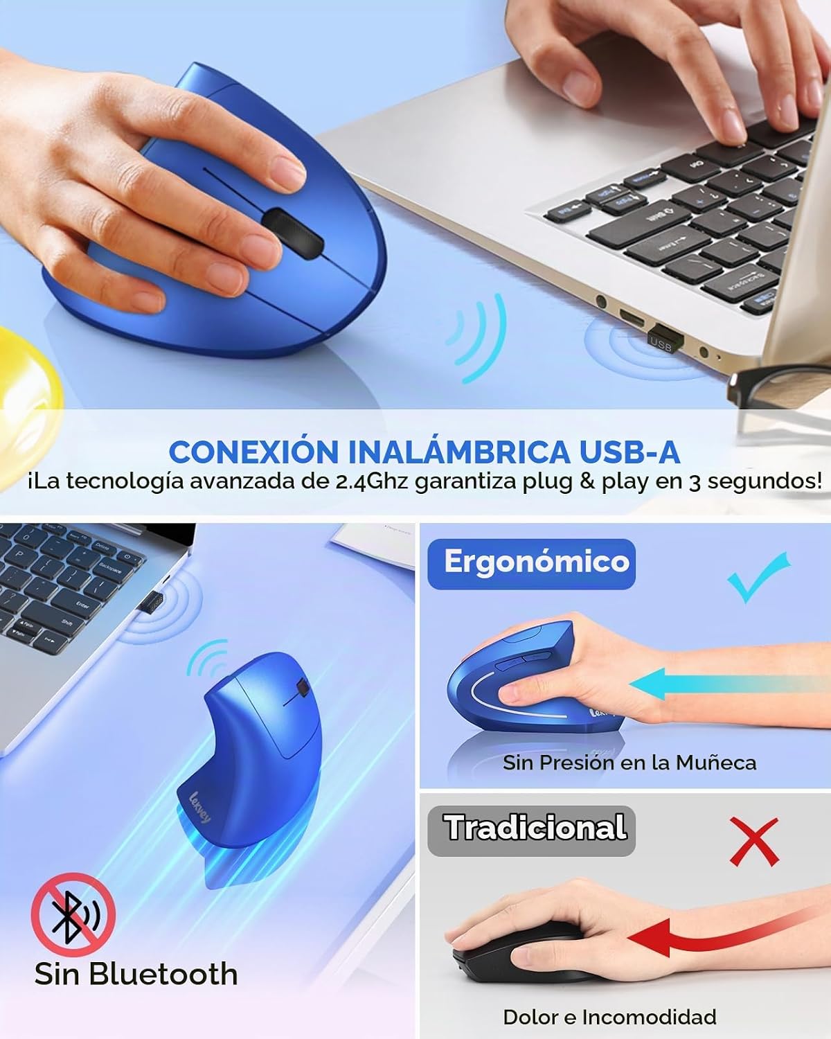 Lekvey Ratón ergonómico, recargable 2.4G USB vertical inalámbrico,...