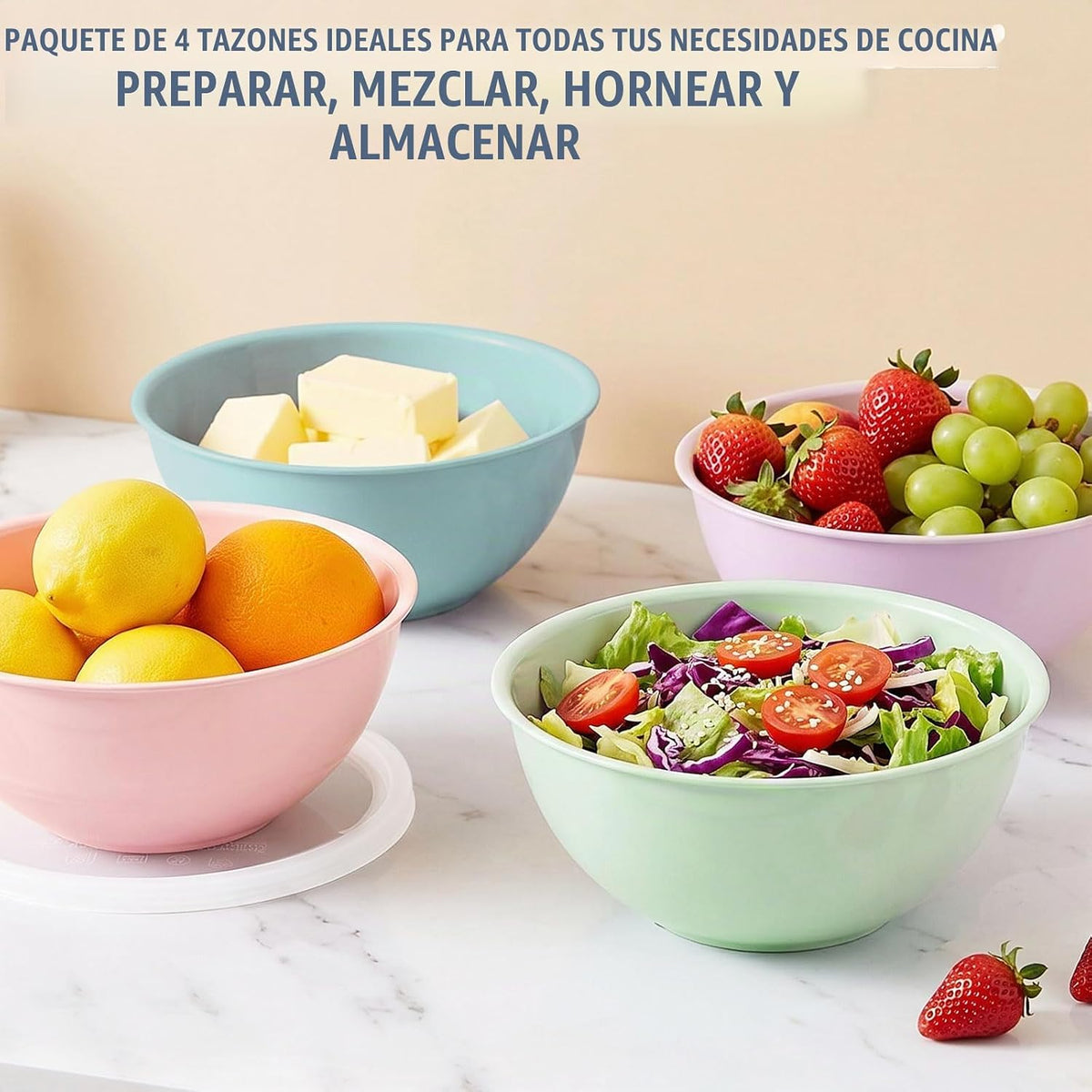 Greentainer Juego de 4 cuencos de plástico para mezclar con tapas p...