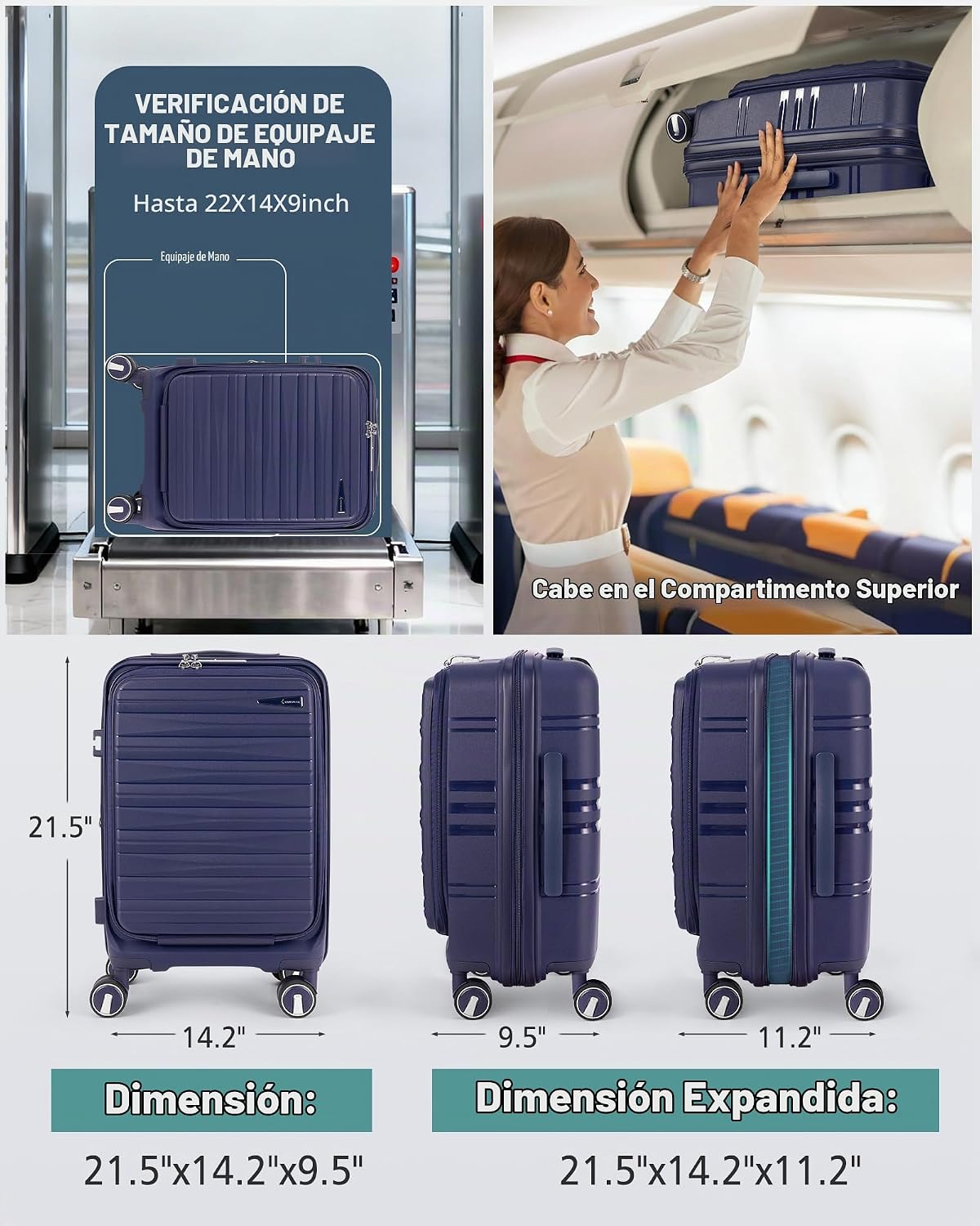 RAINSMORE Maleta de mano expandible de 20 pulgadas, aprobada por ae...