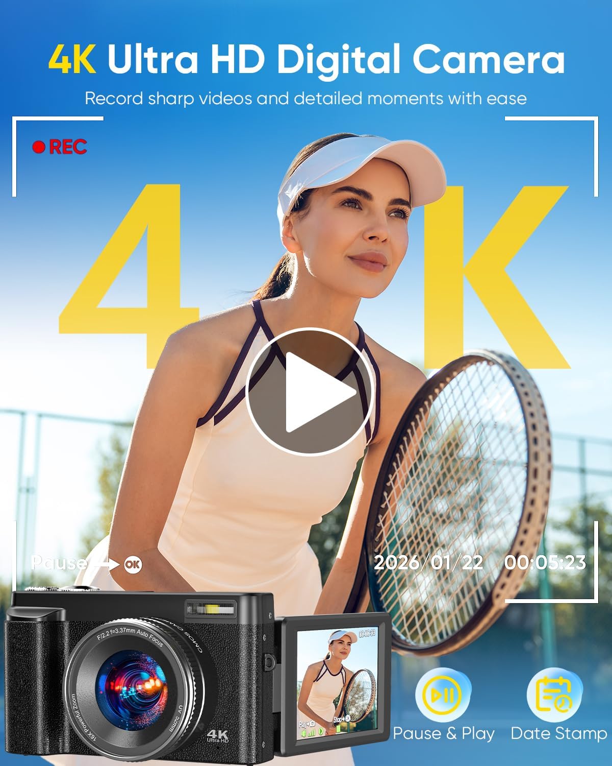 Cámara digital 4K mejorada 2026 de 64 MP WiFi con pantalla abatible...