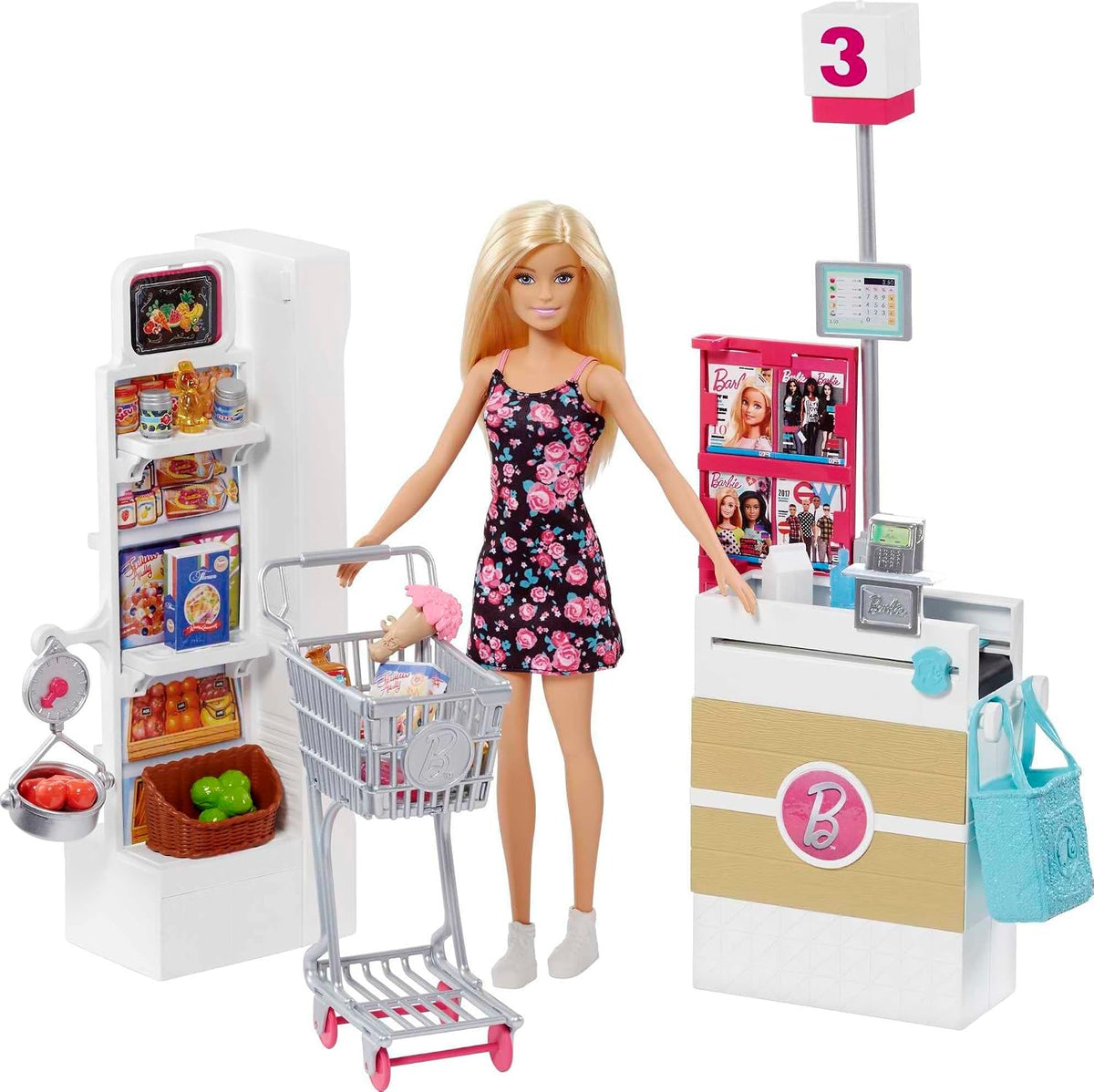 Muñeca Barbie con cabello rubio y accesorios temáticos de tienda de...
