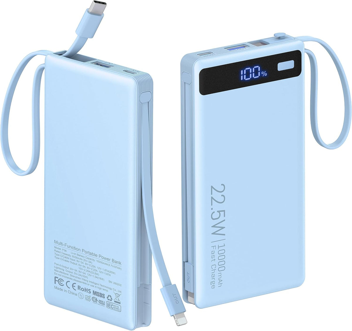 PowerBank con 2 cables incorporados 10000mAh, cargador de viaje por...