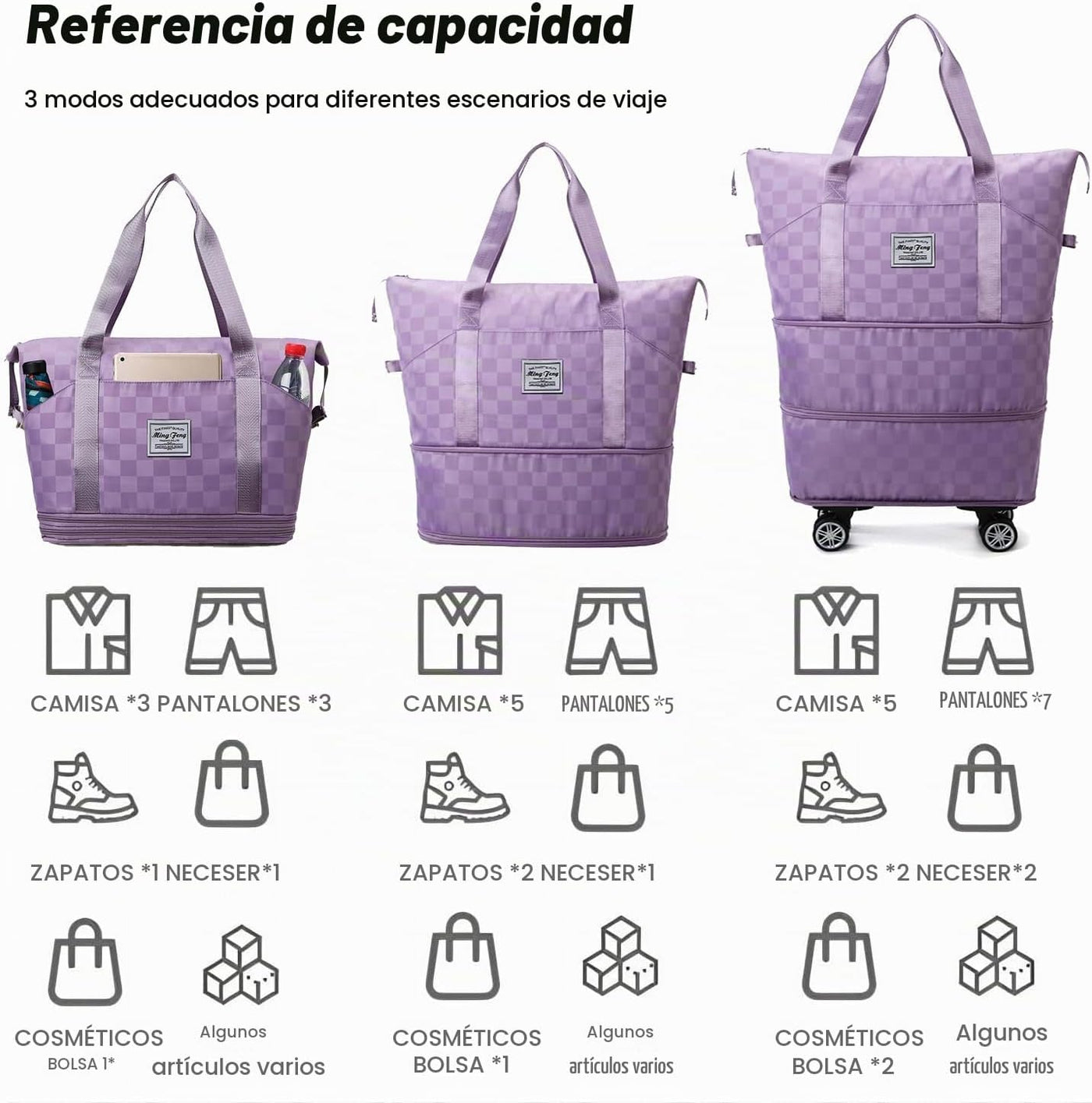 Maletas de Lona Plegables Expandibles, Ruedas Giratorias Desmontabl...