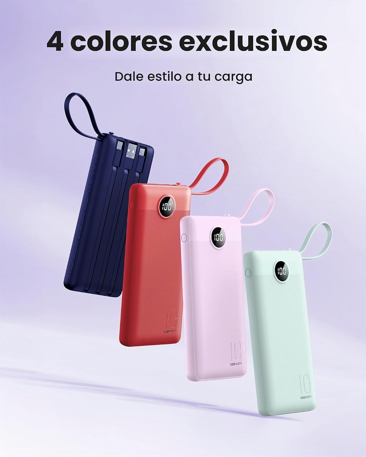 Coowisty Cargador portátil con cable incorporado, cargador de bater...