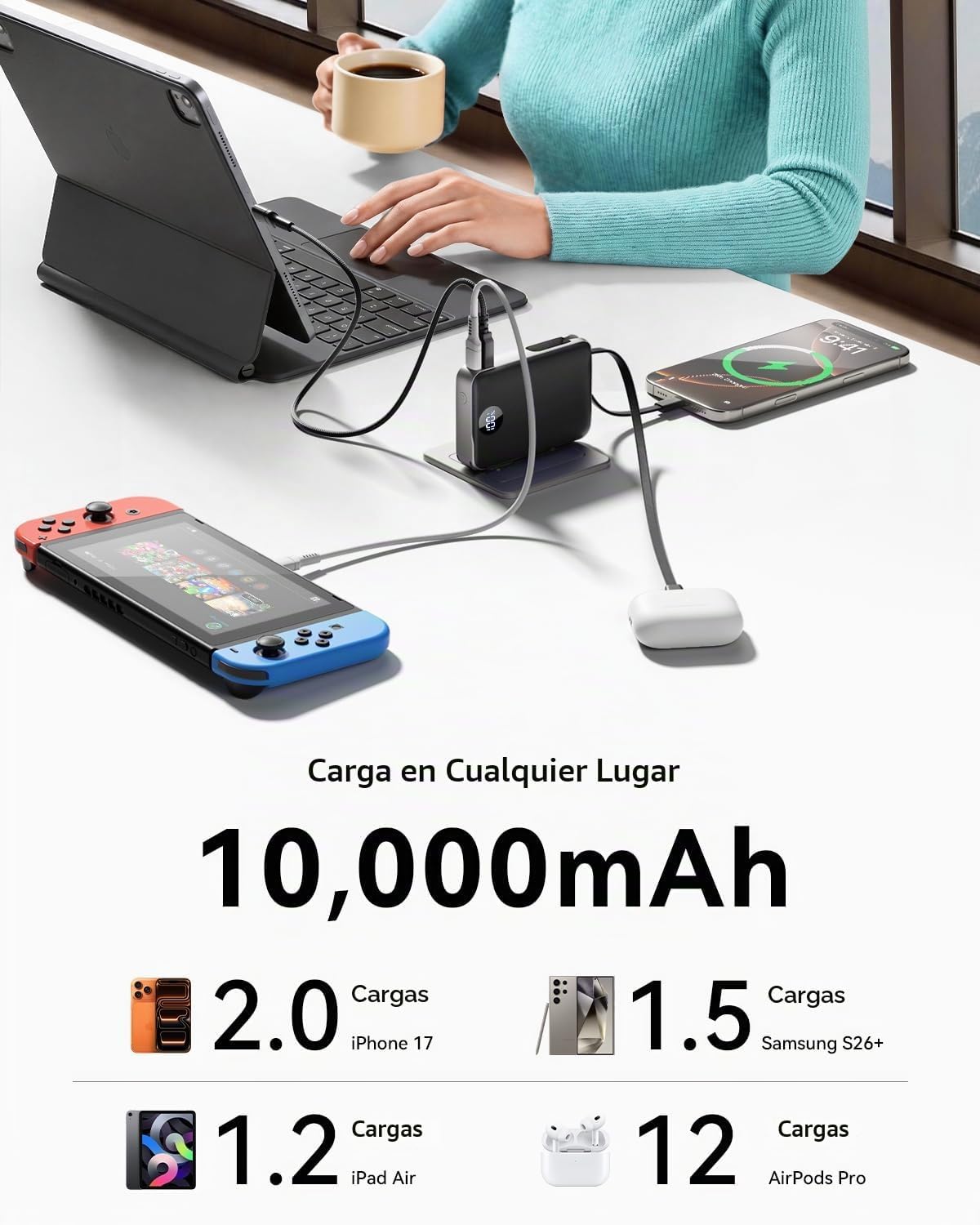 Cargador portátil Power Bank 10000mAh, 45% más pequeños cables inte...