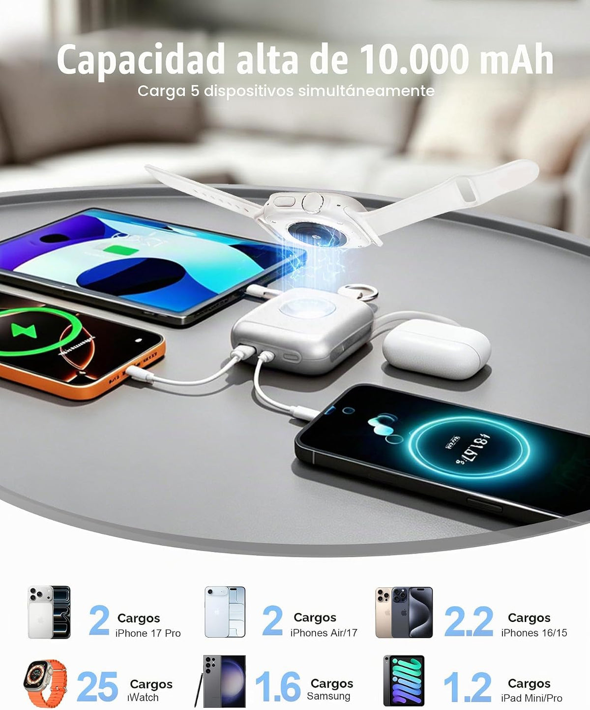 Cargador portátil 3 en 1, más pequeño 10000mAh incorporado cables 2...
