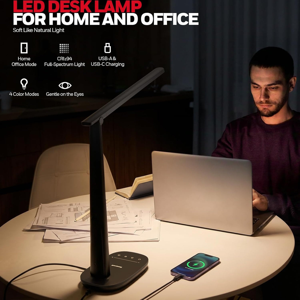 Honeywell Lámpara de escritorio LED para oficina en casa, luz de le...