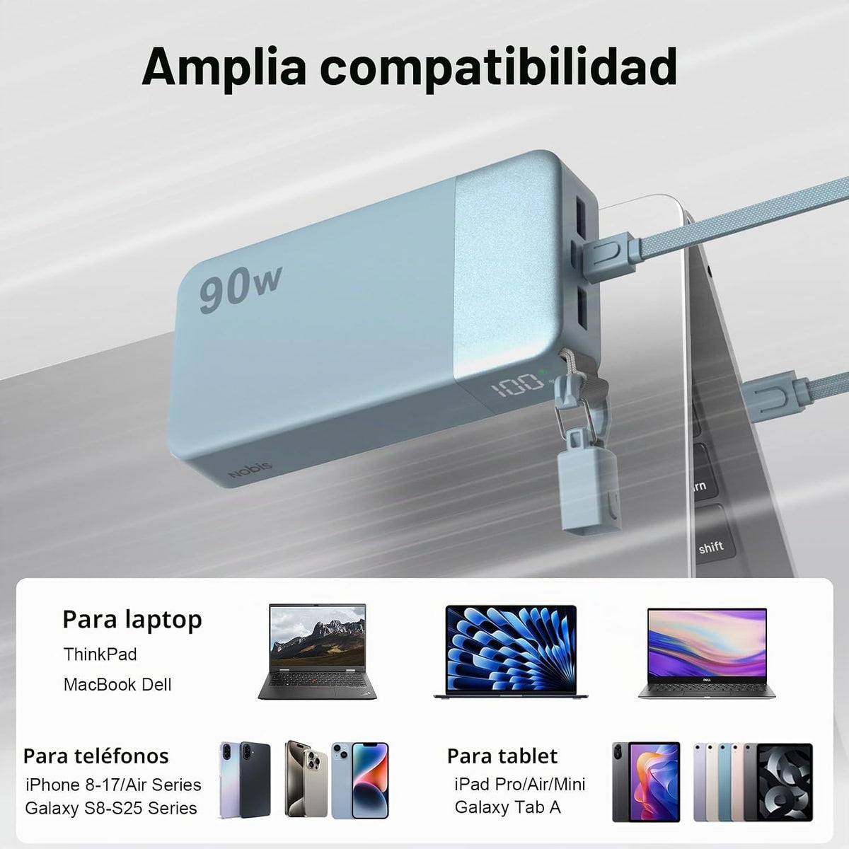 NOBIS Cargador portátil de 90 W, batería externa de 20000 mAh con c...