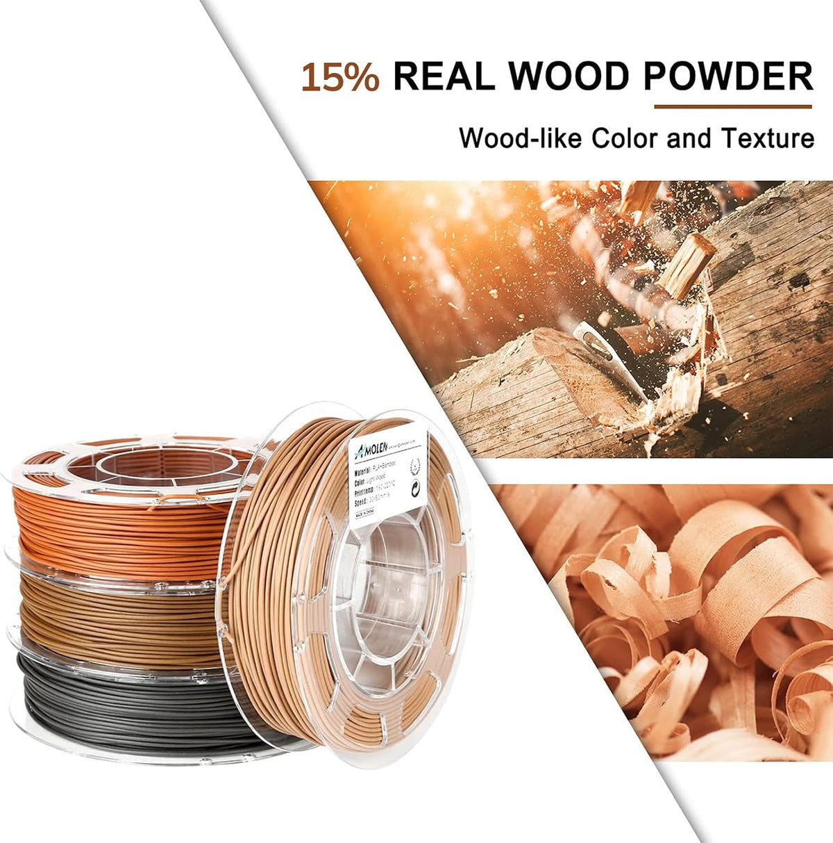 AMOLEN Filamento PLA de madera para impresora 3D, color nogal, cere...