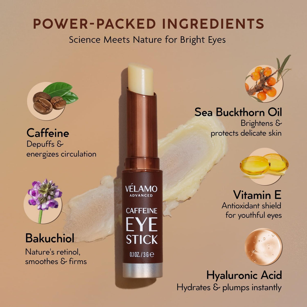 VELAMO ADVANCED Barra de ojos con cafeína: bálsamo energizante e hi...