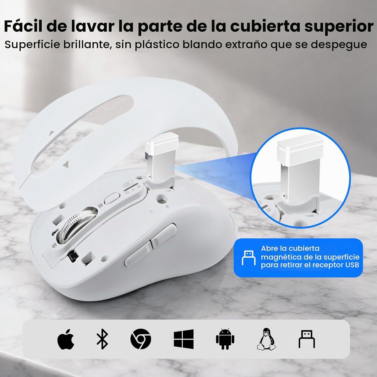 Ratón inalámbrico Bluetooth recargable, USB+BT×2, silencioso, ergon...
