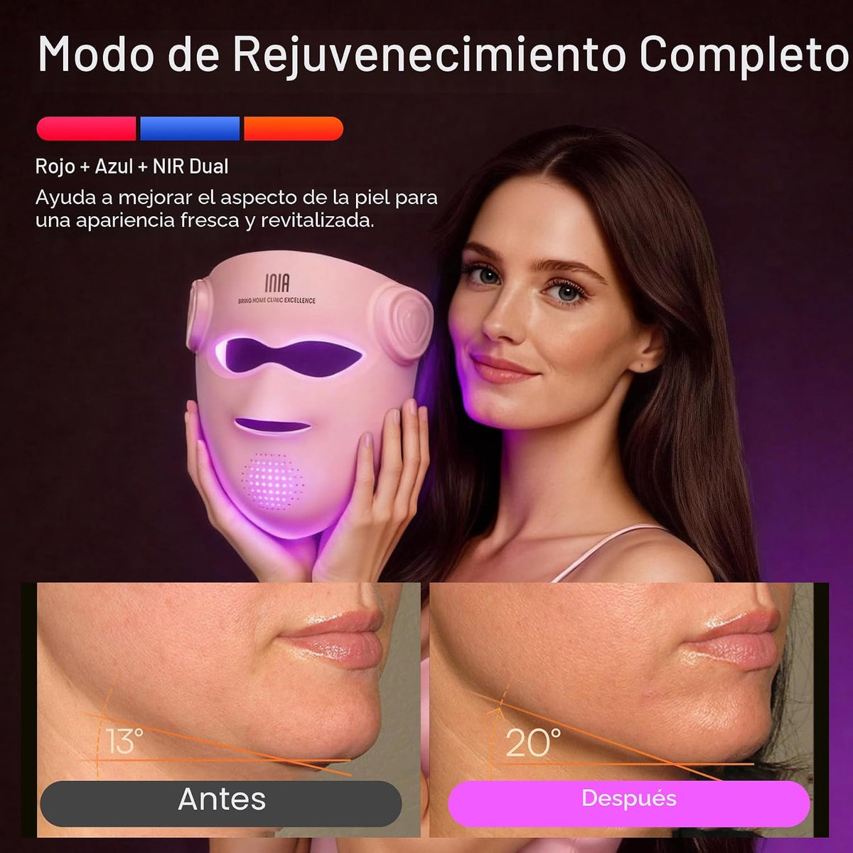 INIA Glow 4D Máscara inalámbrica de terapia de luz roja para cara,...