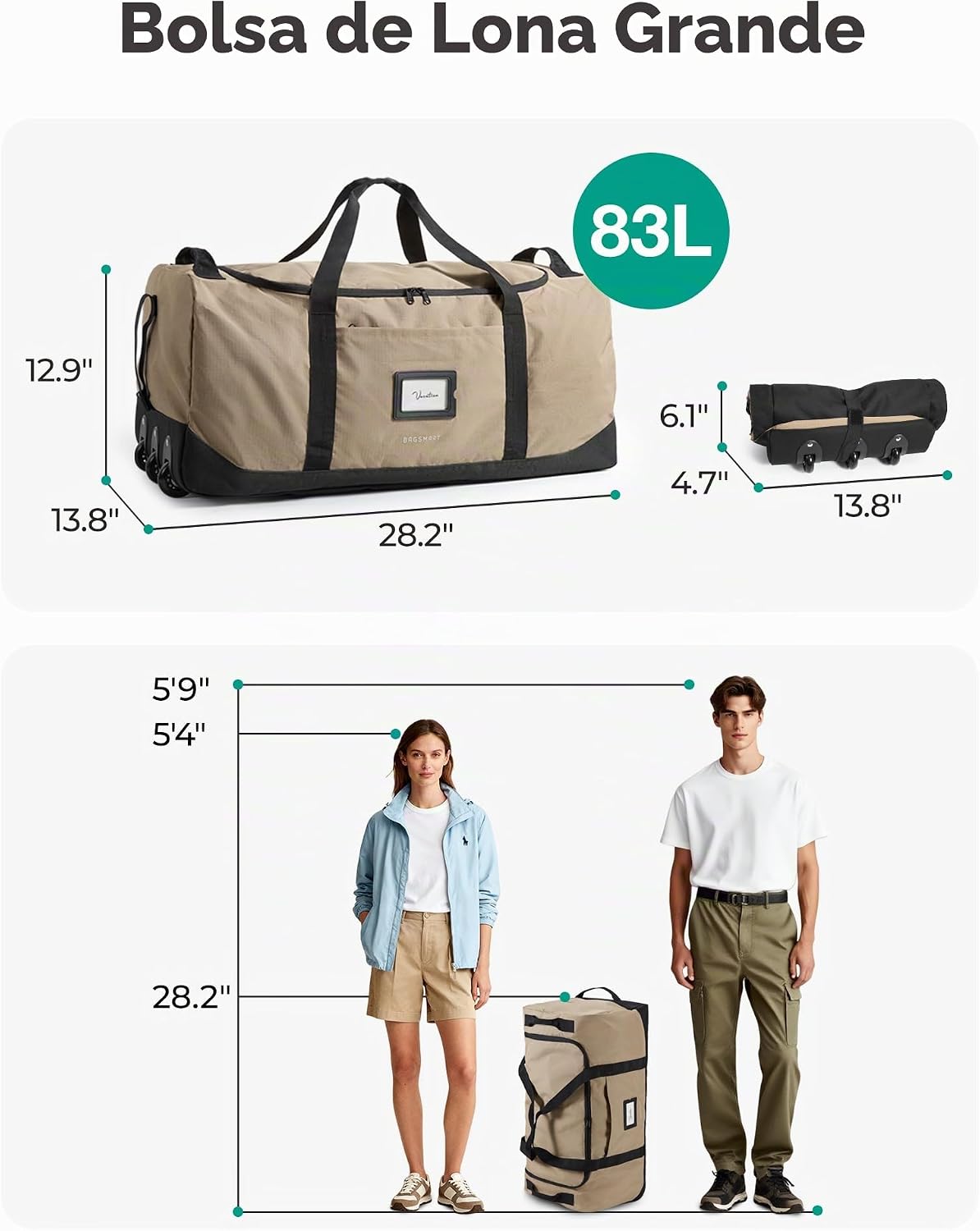 BAGSMART 83L - Bolsa de viaje plegable, bolsa de lona grande para v...