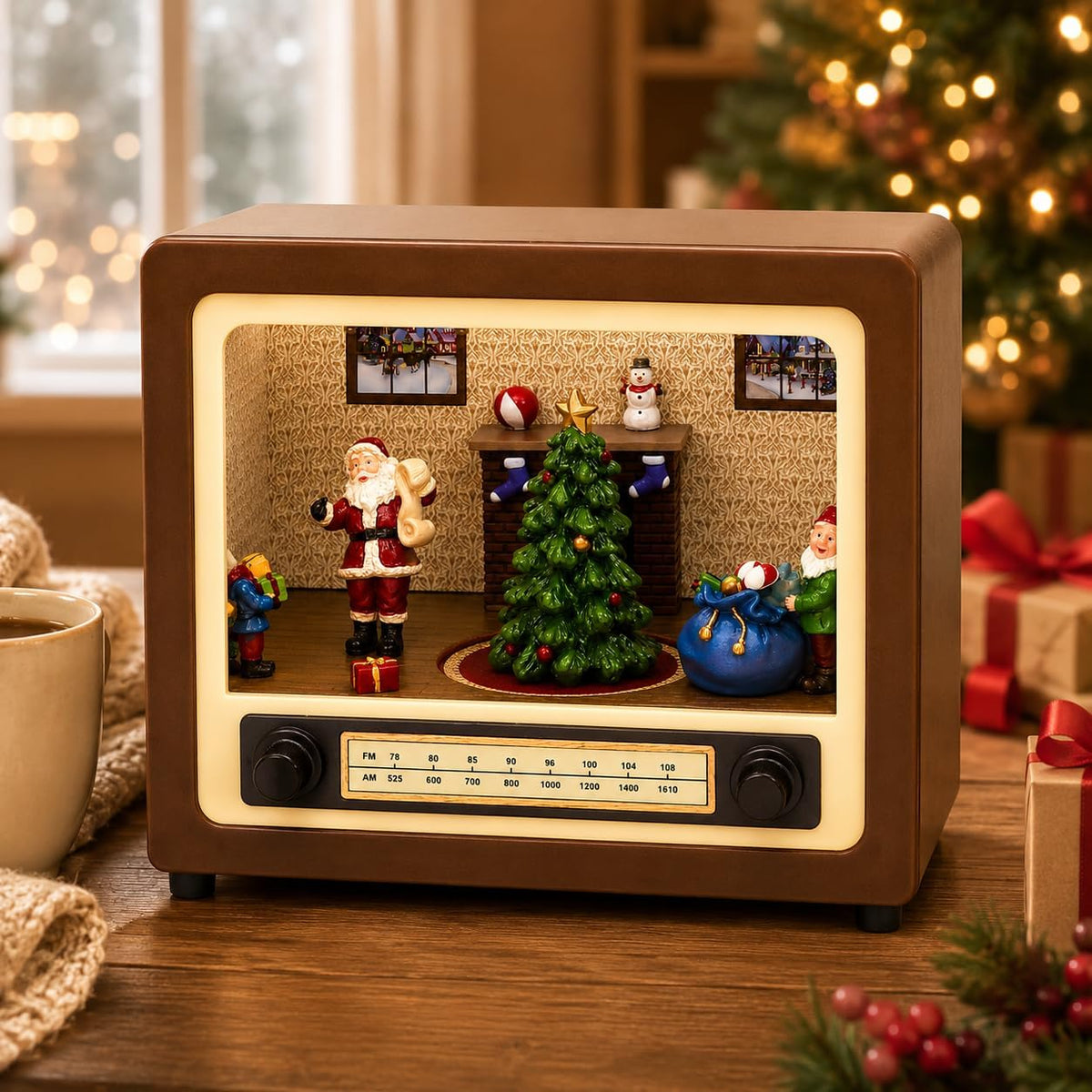 Moments in Time Radio retro con escena del hogar de Papá Noel, deco...