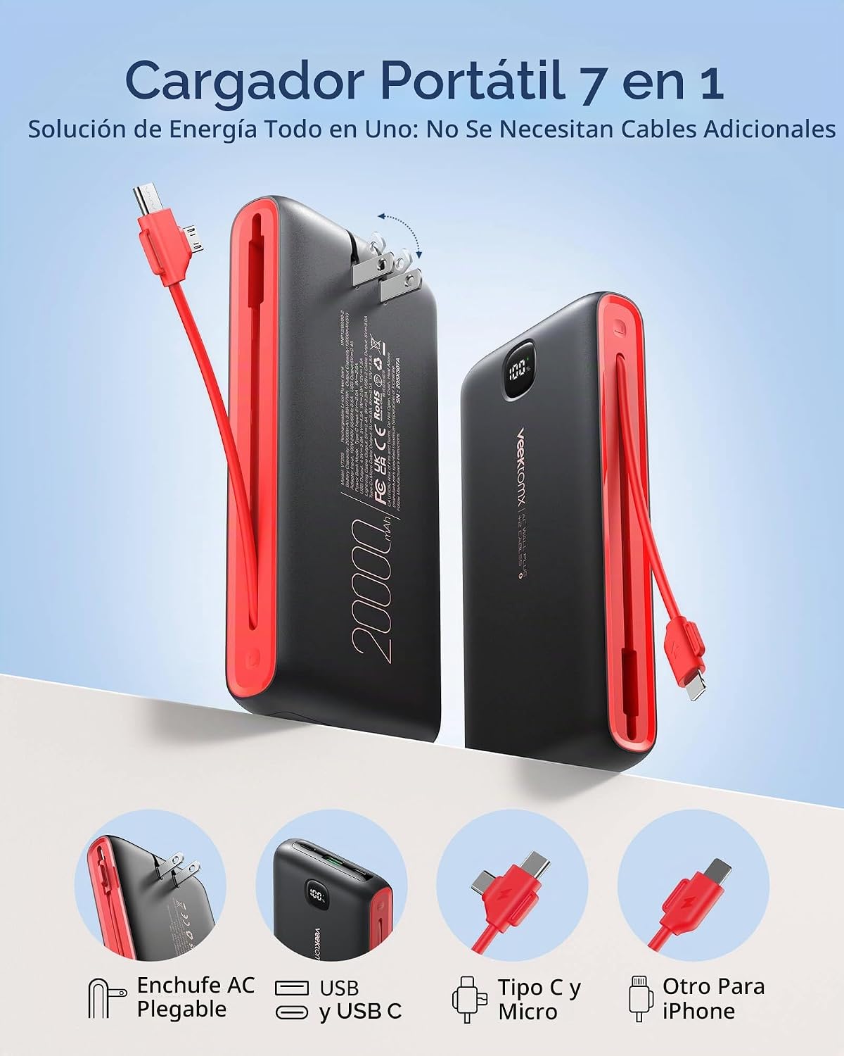 Cargador portátil VEEKTOMX de 10000 mAh con cables integrados y enc...