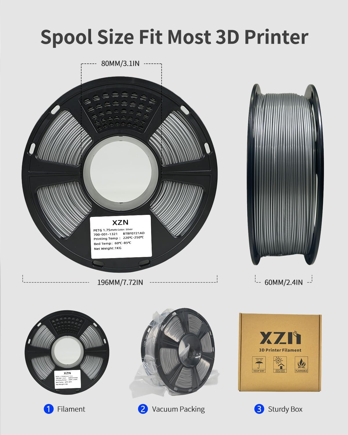 XZN Filamento PETG plateado de 0.069 pulgadas, 2.2 libras, filament...