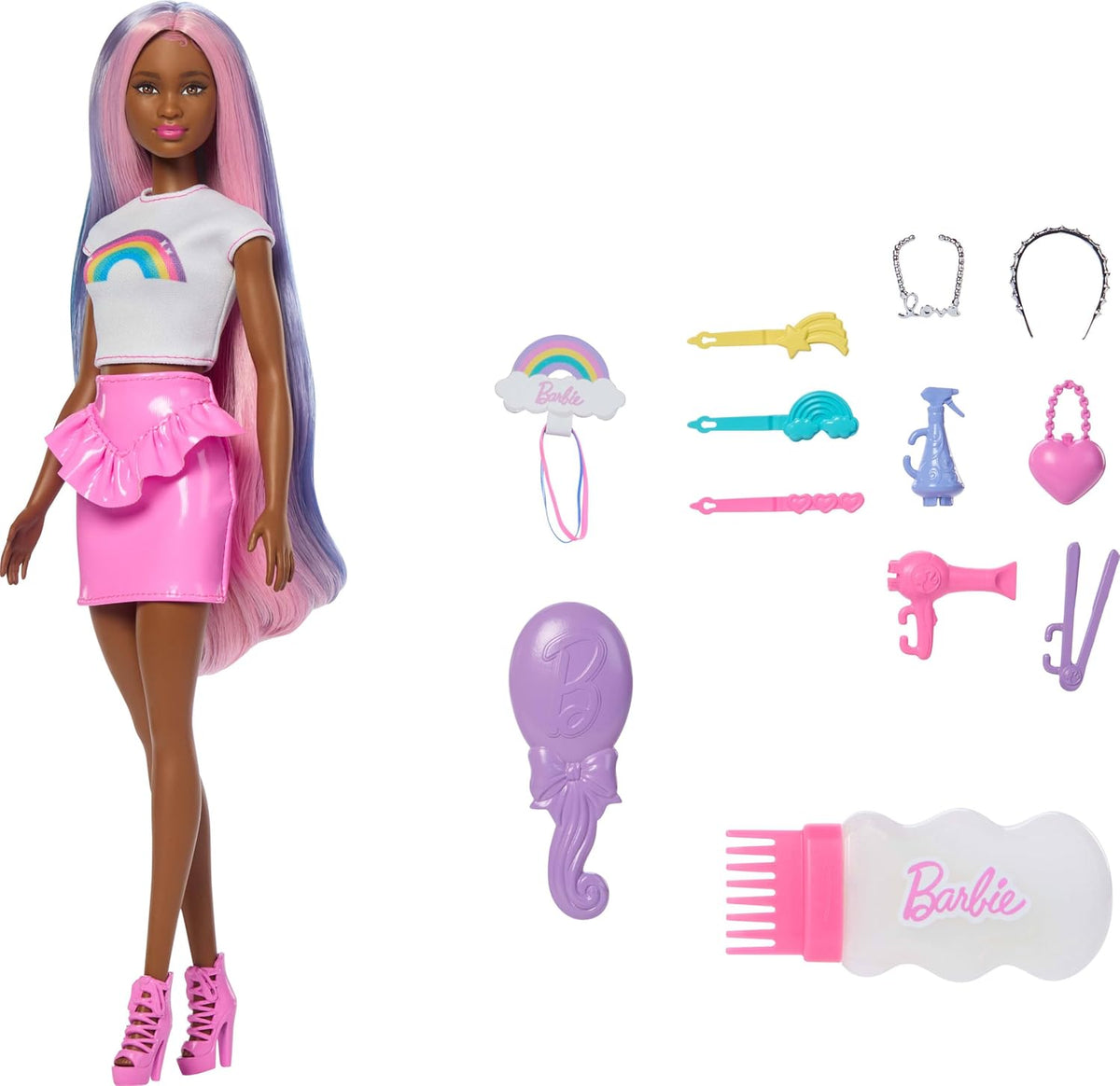 Muñeca Barbie con pelo brillante y arcoíris y accesorios temáticos...