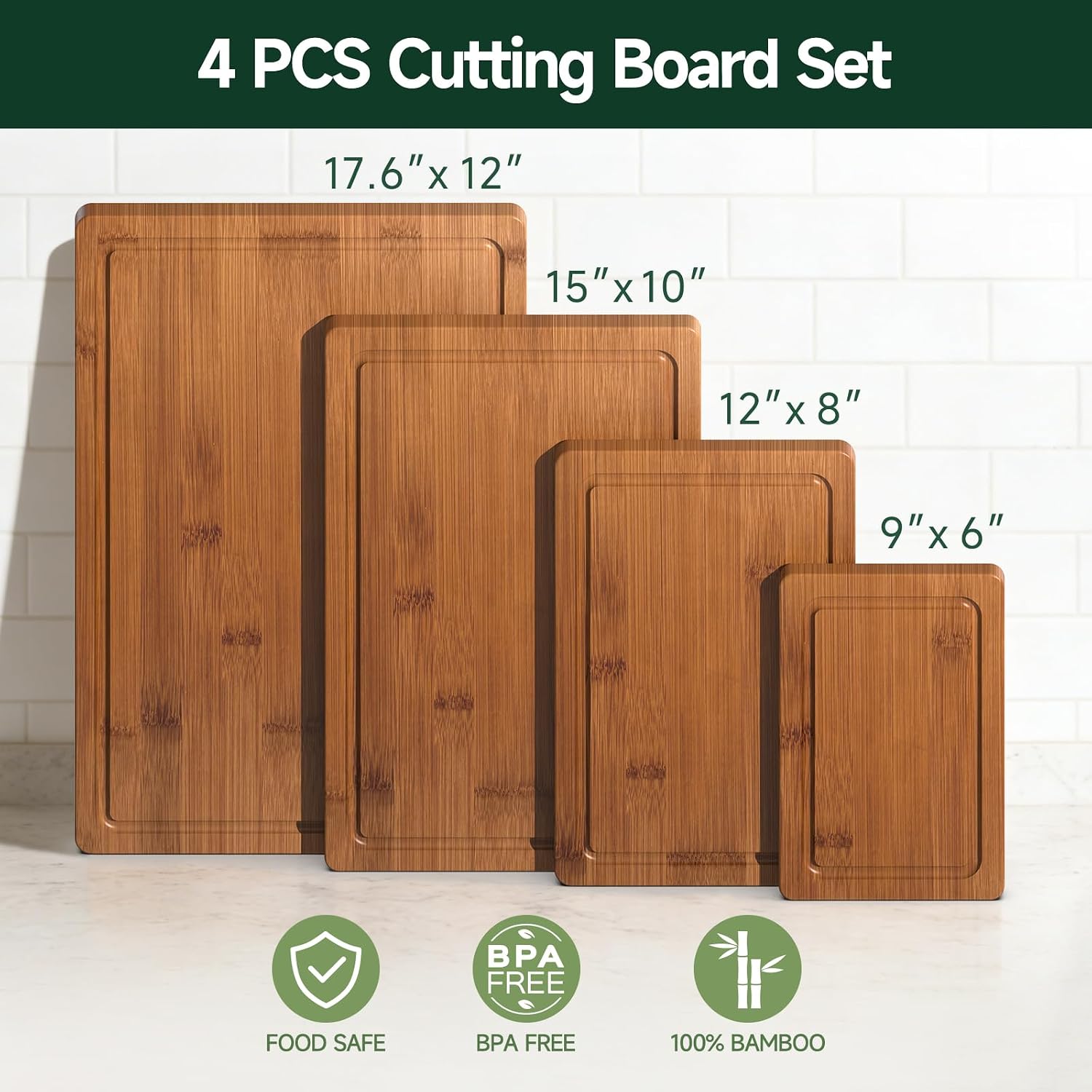 Zeawec Juego de 4 tablas de cortar de bambú carbonizado profundo pa...