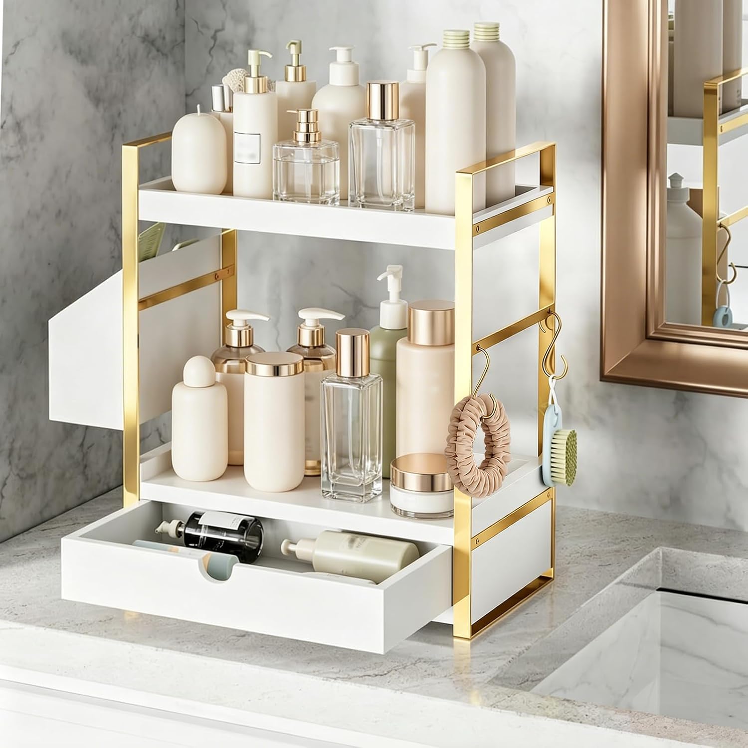 Organizador de mostrador de baño de 2 niveles, estante de tocador d...