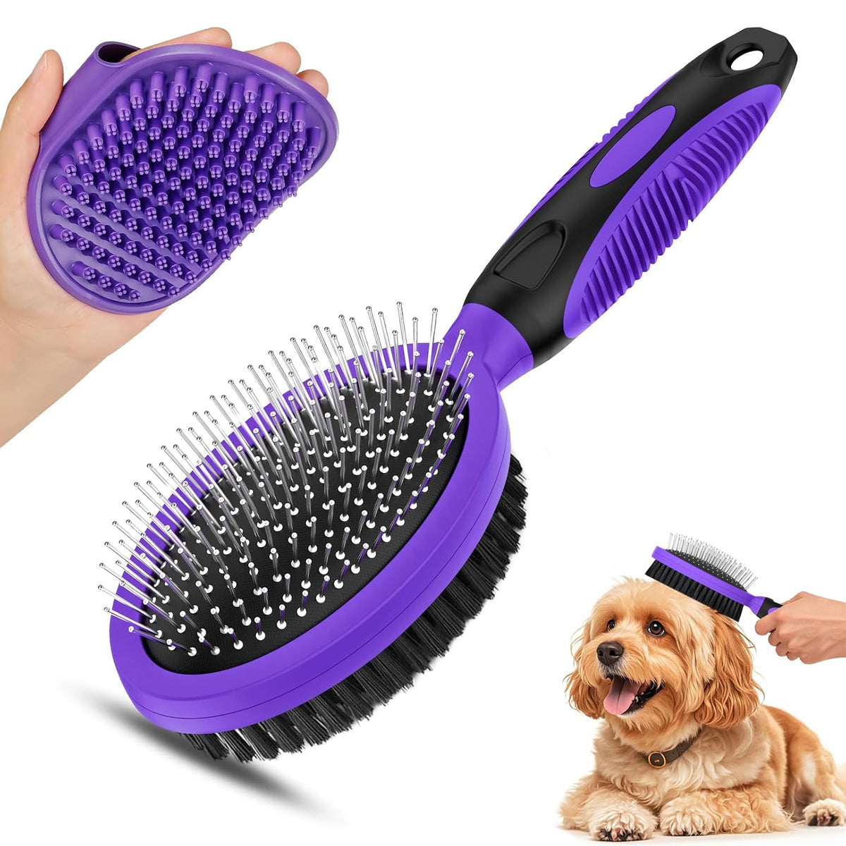 2 herramientas de aseo para mascotas, cepillo de doble cara para de...