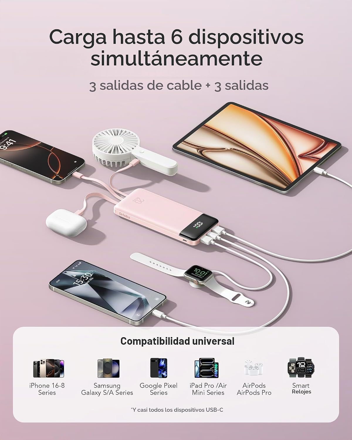 Orfeika 20000mAh Power Bank, cargador portátil con 4 cables incorpo...
