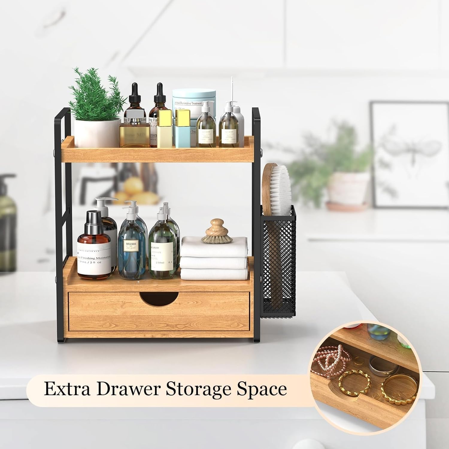 LEMIKKLE Organizador de encimera de baño con cajón y cesta, organiz...