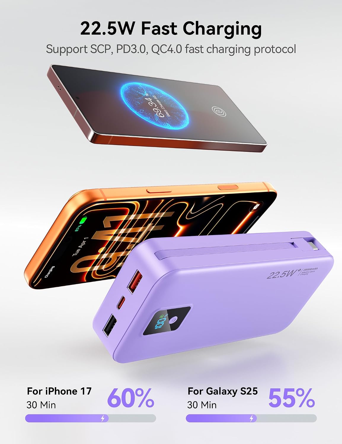 Rngsnoy Cargador portátil 20000mAh 22.5W w\/Cable incorporado y enc...