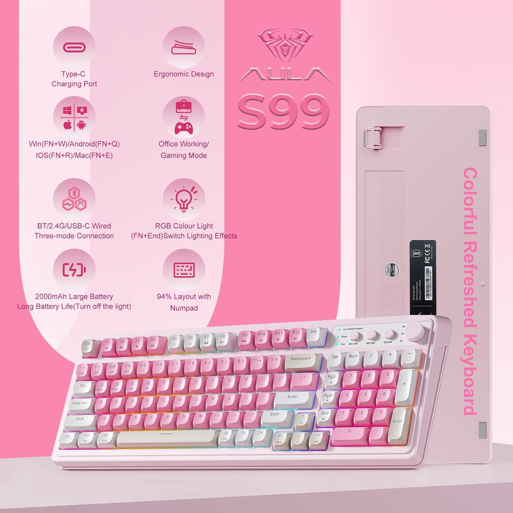 Teclado AULA de 99 teclas, teclado inalámbrico rosa para juegos, co...