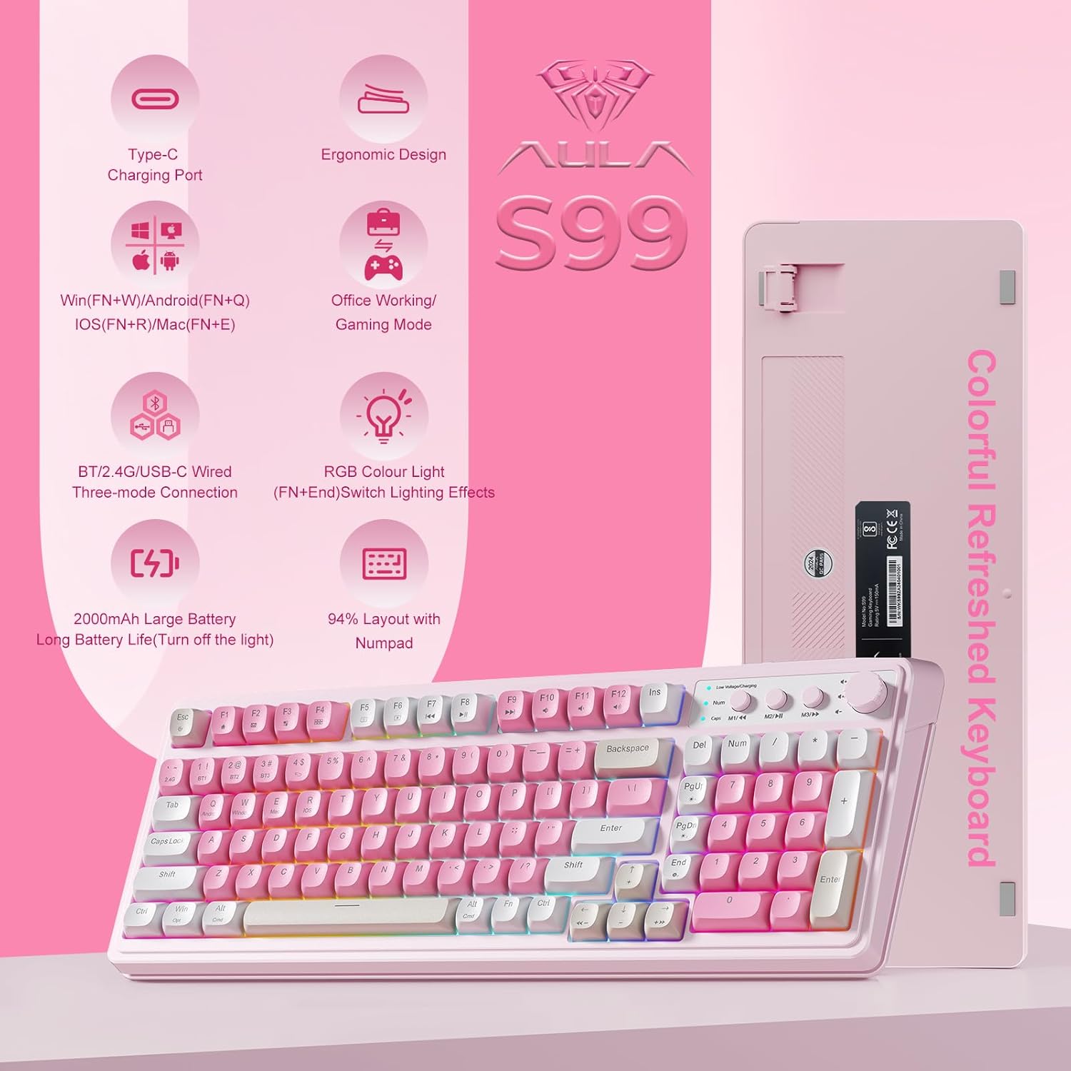 Teclado AULA de 99 teclas, teclado inalámbrico rosa para juegos, co...