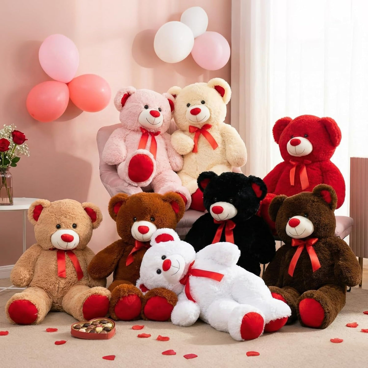 WENMOTDY Oso de peluche grande con lazo de cinta roja, regalo para...