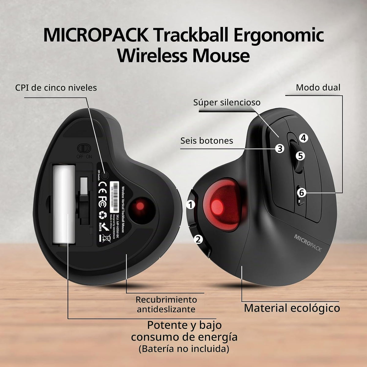 MicroPack Ratón inalámbrico ergonómico con Trackball y 5 DPI ajusta...