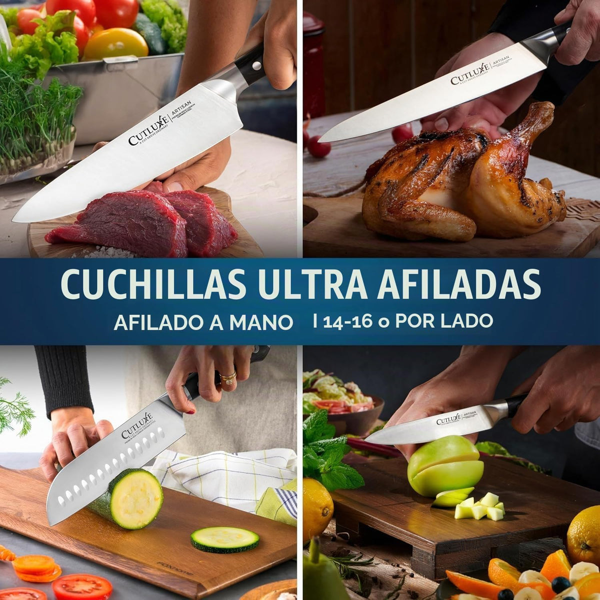 Cutluxe - Juego de 15 cuchillos \u2013 Bloque de madera de goma de...