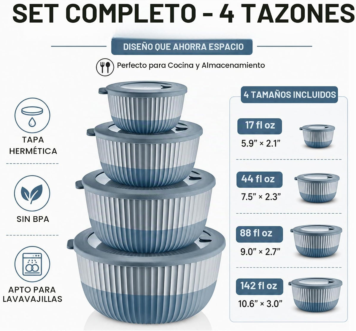 Cuencos de plástico con tapas, juego de 8 cuencos herméticos a prue...