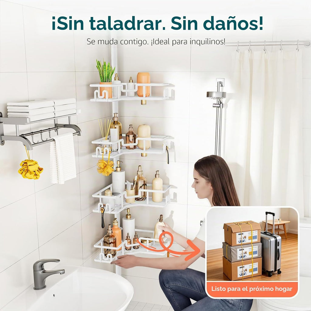 HAMITOR Organizador de ducha con poste de tensión: 4 niveles a prue...