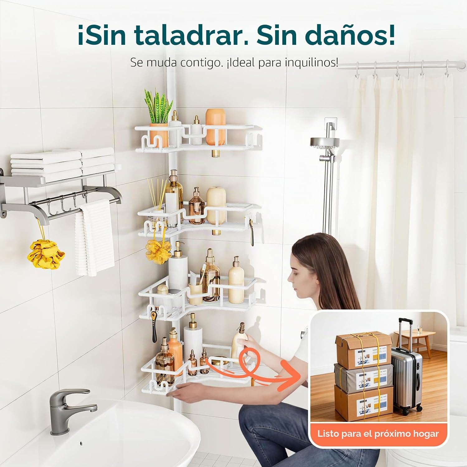 HAMITOR Organizador de ducha con poste de tensión: 4 niveles a prue...