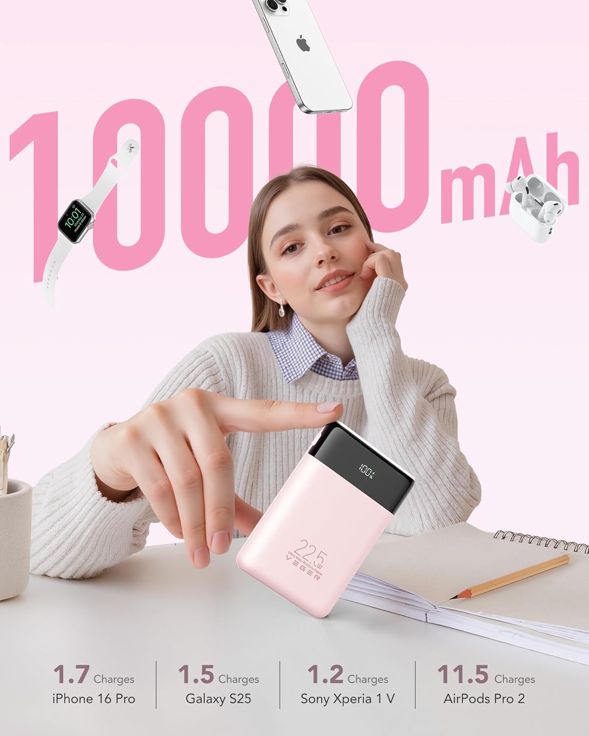VEGER Cargador portátil de carga rápida de 10000mAh 22.5W con cable...