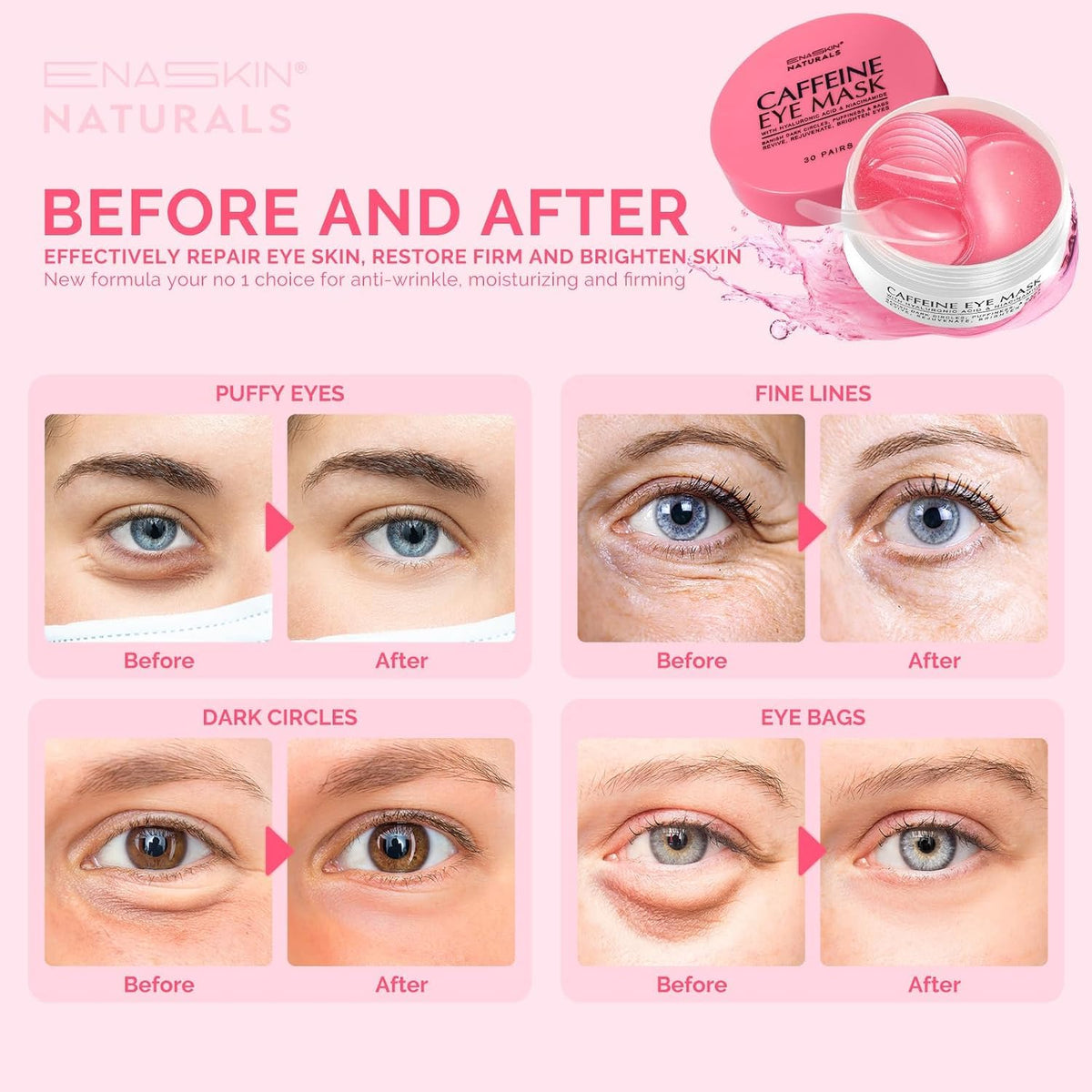 Enaskin Naturals Parches de cafeína debajo de los ojos para la hinc...