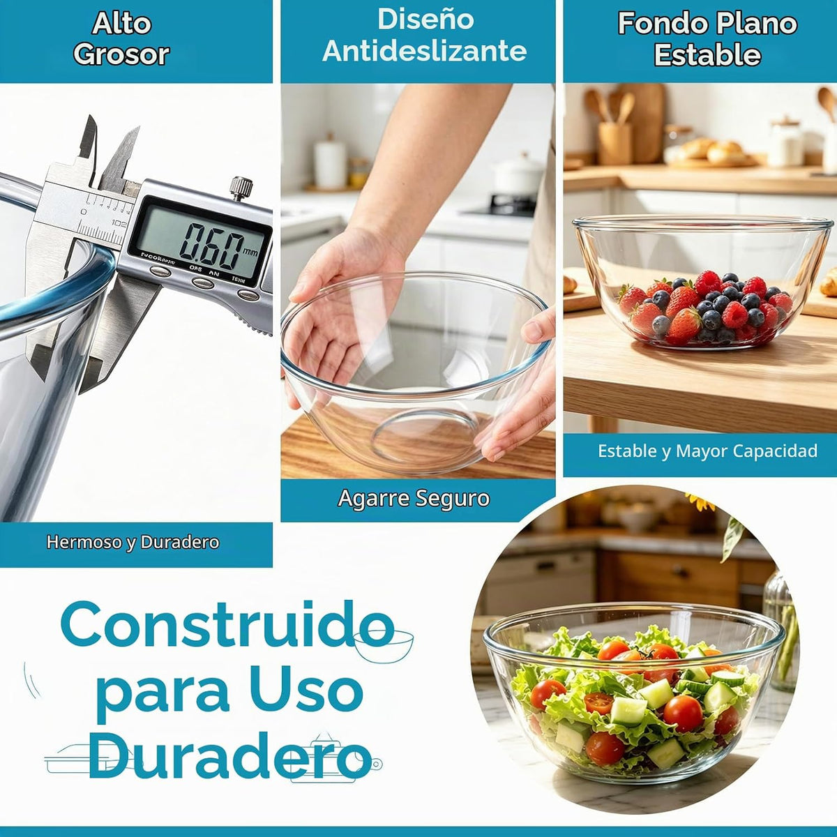 E-far Tazón para mezclar de vidrio con tapa hermética, cuenco grand...