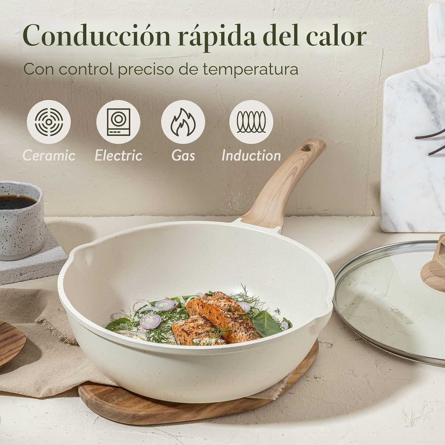 CAROTE Sartén profunda antiadherente de 12 pulgadas con tapa, grani...
