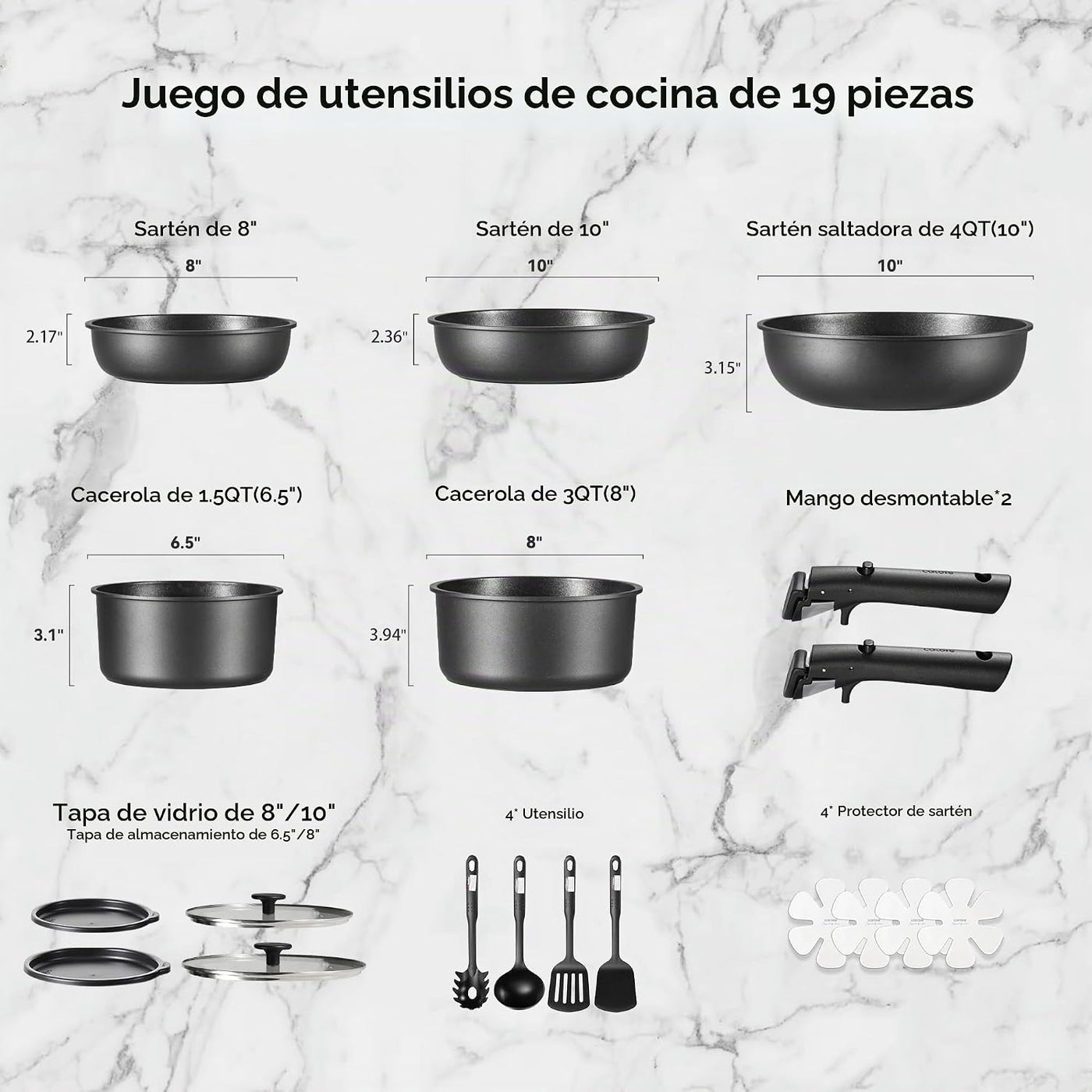 CAROTE Juego de ollas y sartenes antiadherentes, mango desmontable...