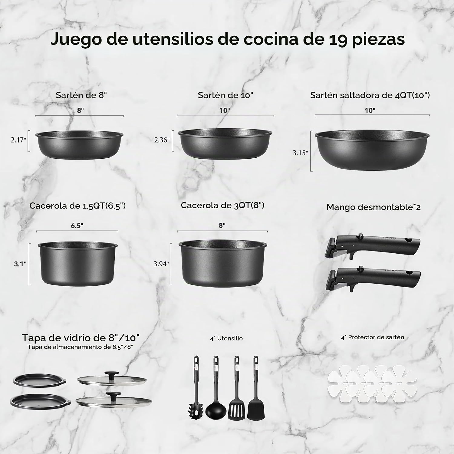 CAROTE Juego de ollas y sartenes antiadherentes, mango desmontable...