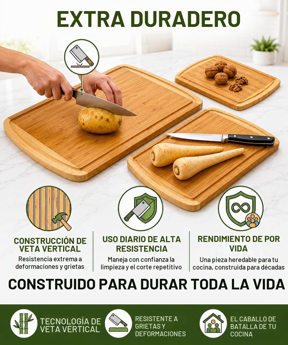 INDESTRUCTIBLE Juego de 3 tablas de cortar de bambú extra grandes c...