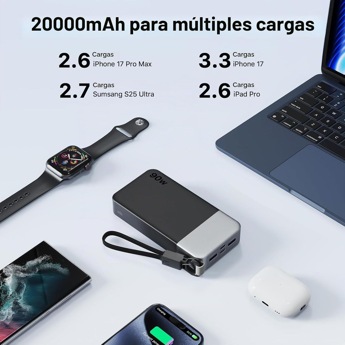 Cargador portátil NOBIS 20000mAh 90W Power Bank con cable desmontab...