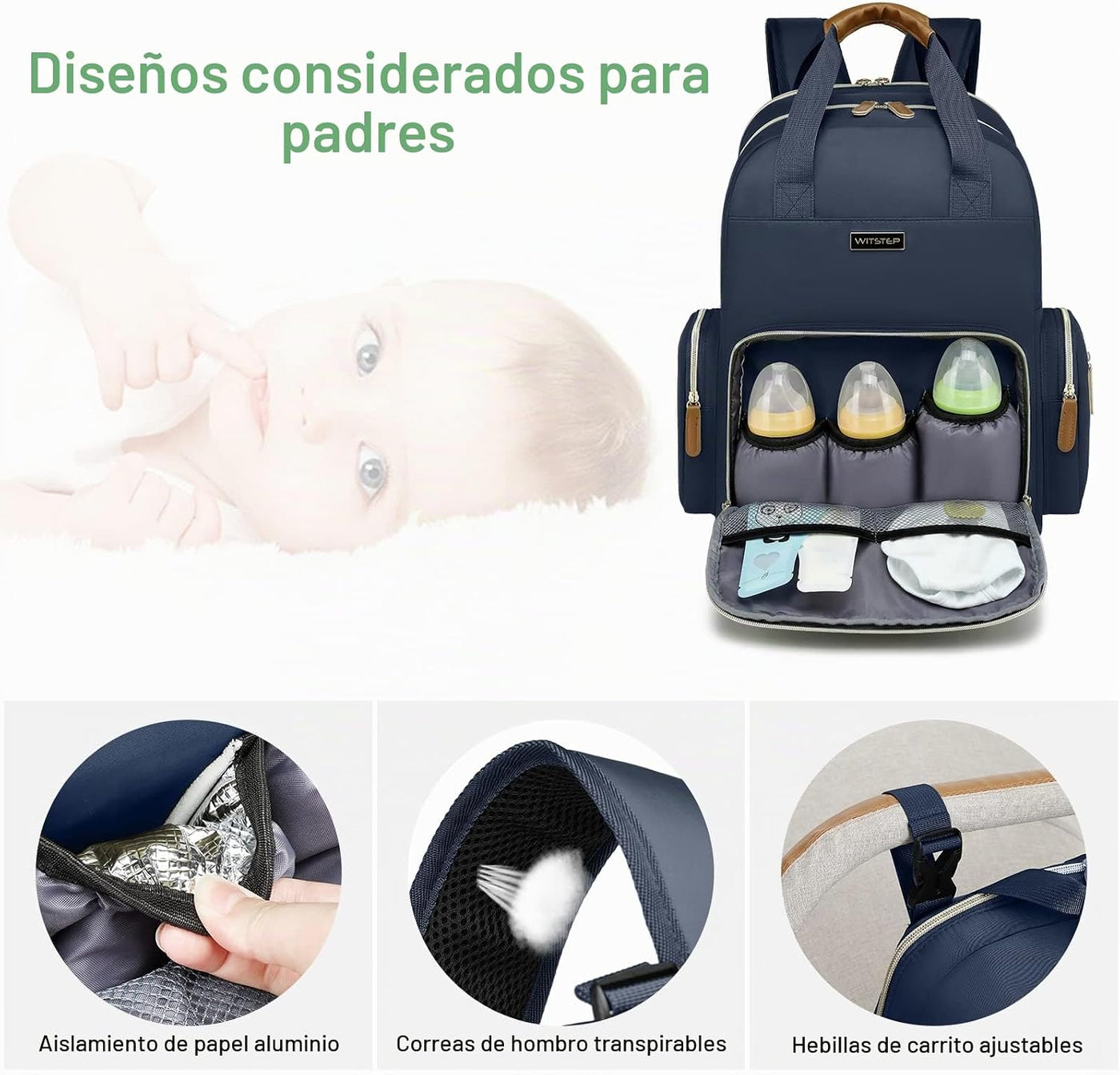 WITSTEP Mochila para pañales con cambiador, organizador de bolsas d...