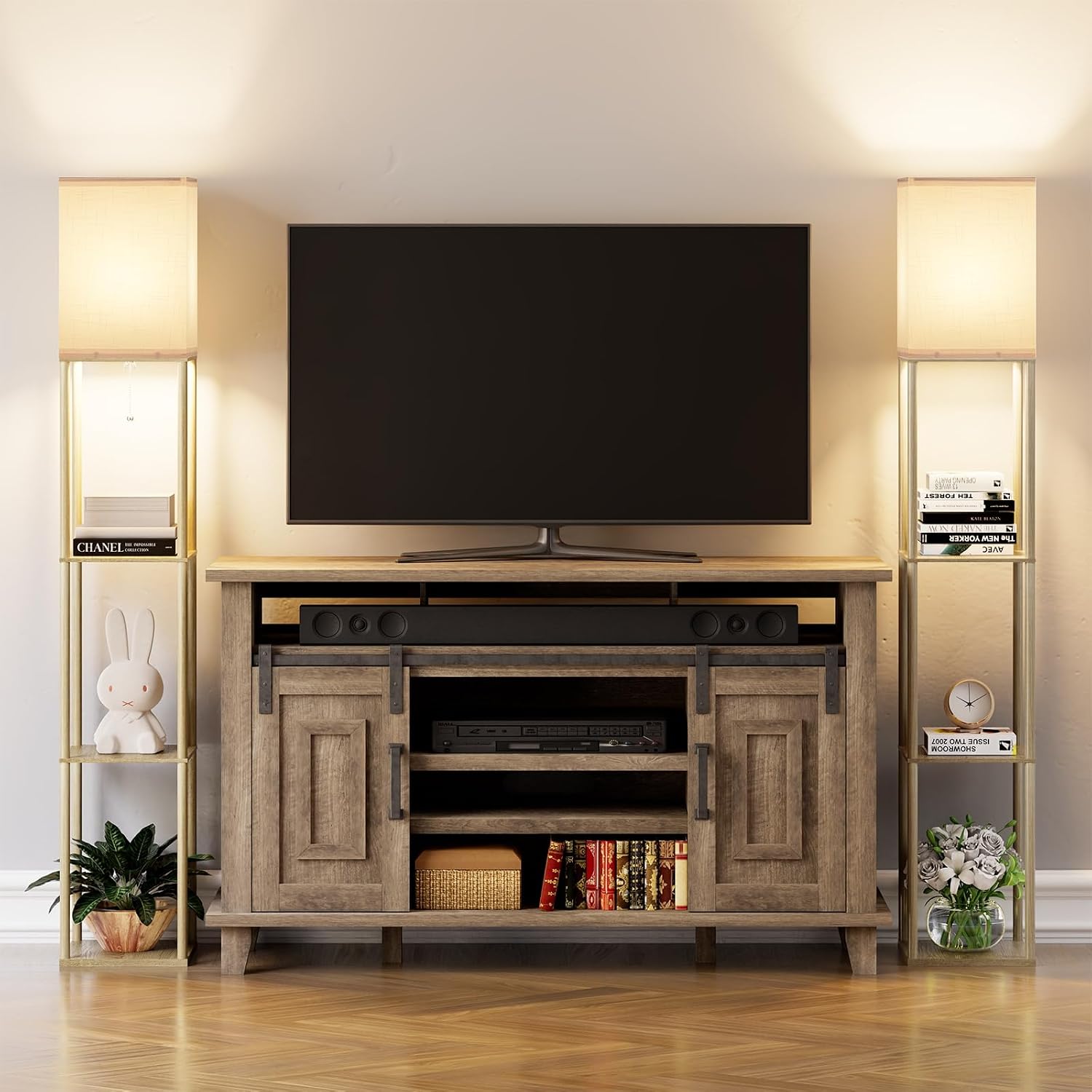 PARTPHONER Lámpara de pie con estantes para sala de estar, madera n...
